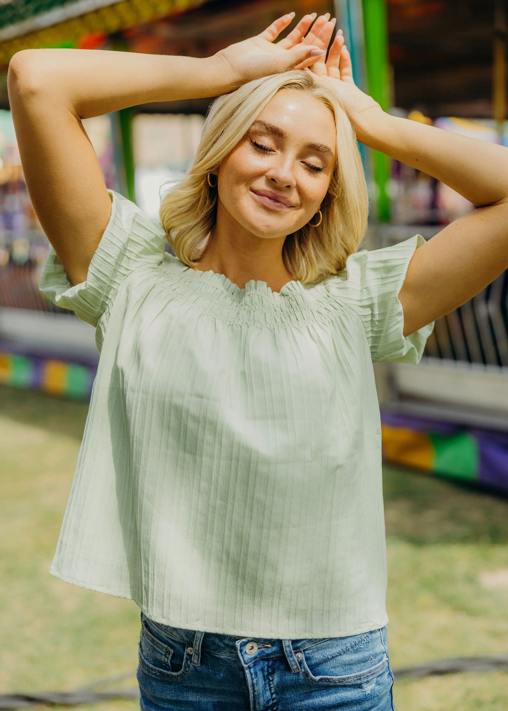 WOVEN CRINKLE TOP IN PISTACHIO CREAM