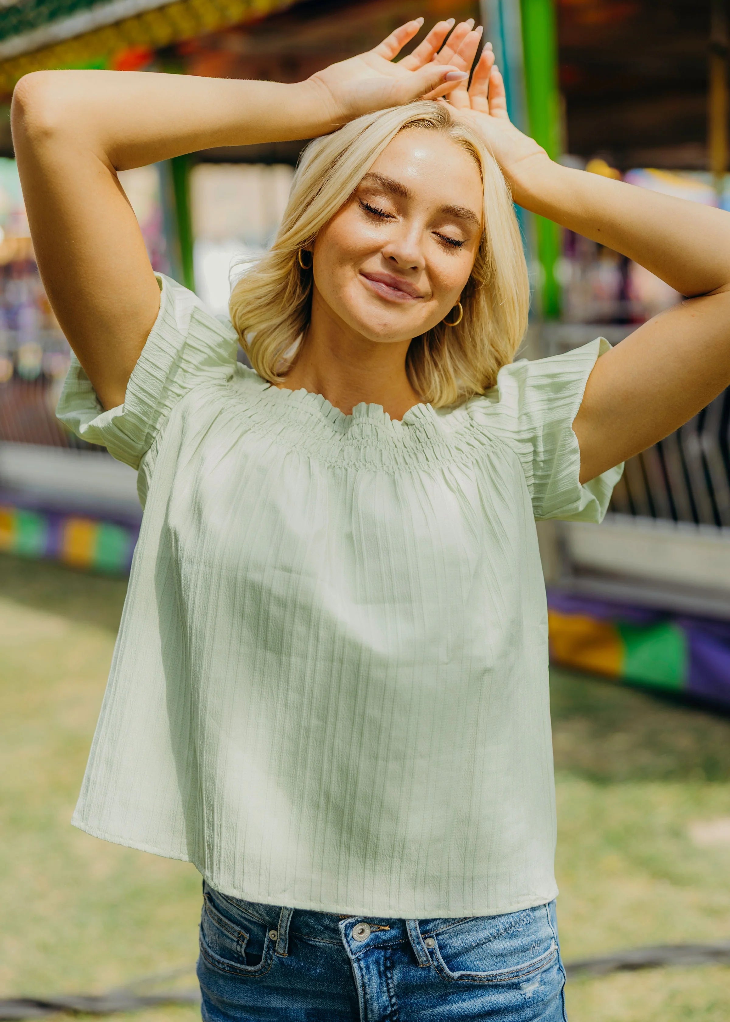 WOVEN CRINKLE TOP IN PISTACHIO CREAM