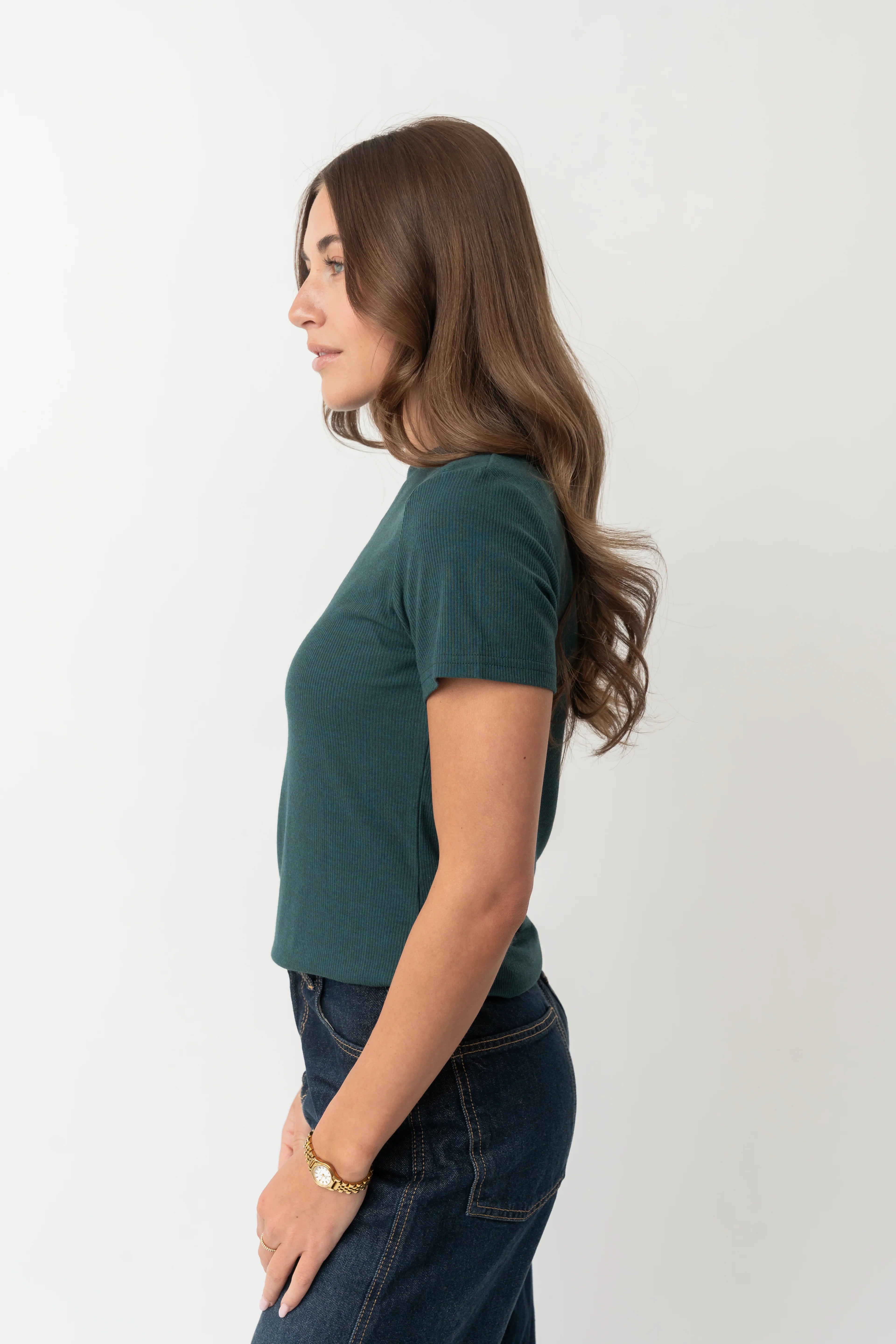 SHORT SLEEVE RIBBED TEE IN FOREST GREEN